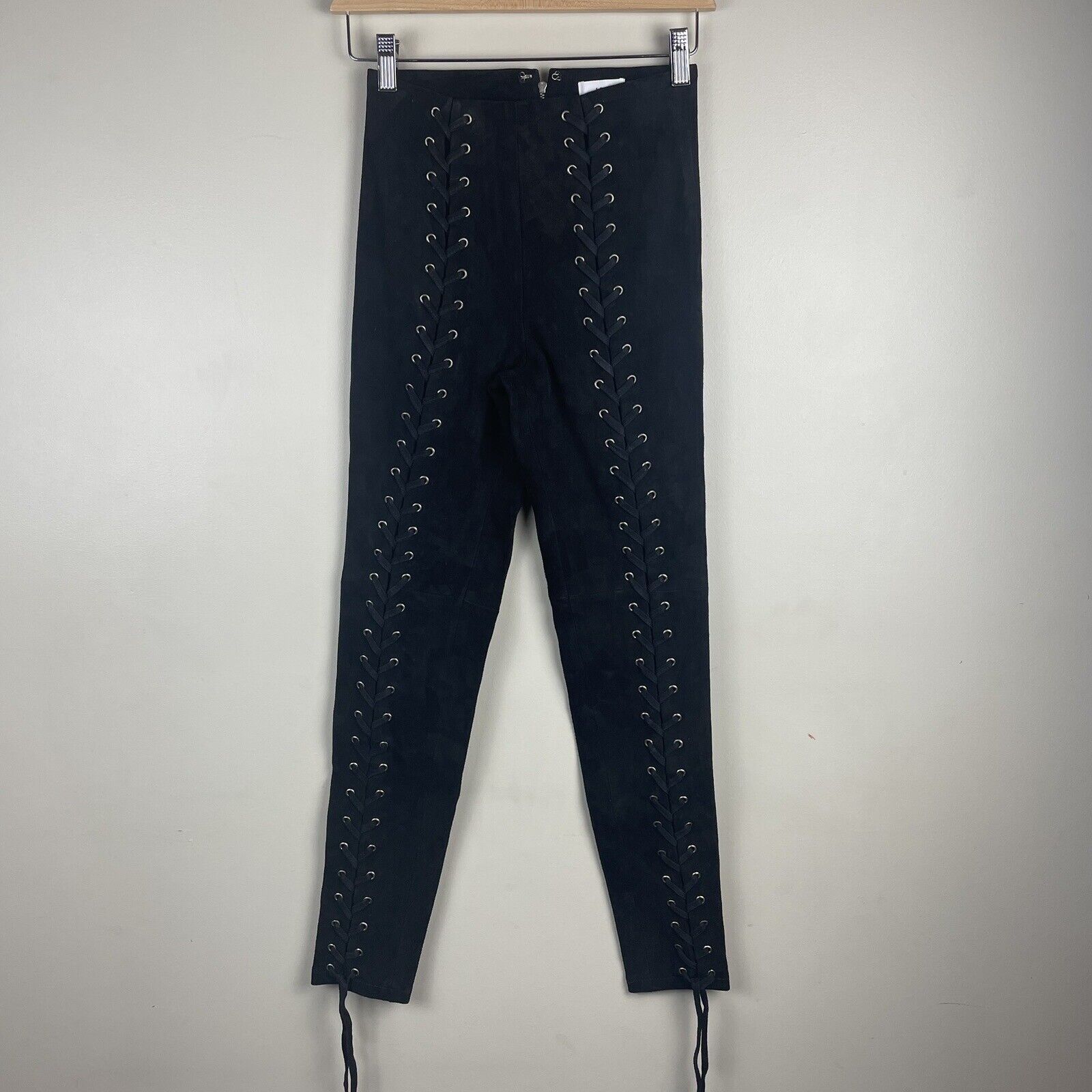 Lpa Womens Black 100% Leather Suede Lace Up Front Pants Size Xxsmall High Rise